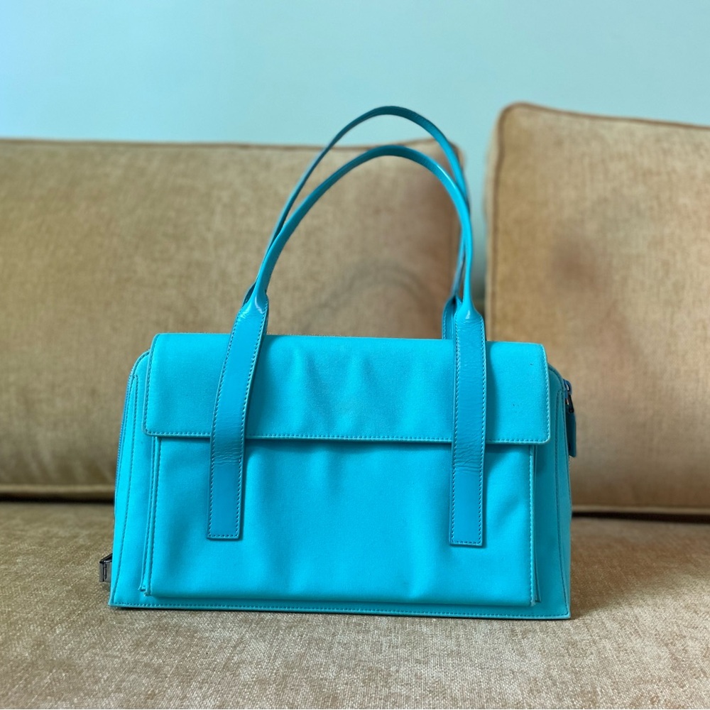 Gucci Turquoise Blue Fabric Handbag with Leather Straps and Gunmetal Hardware - Picture 7 of 16